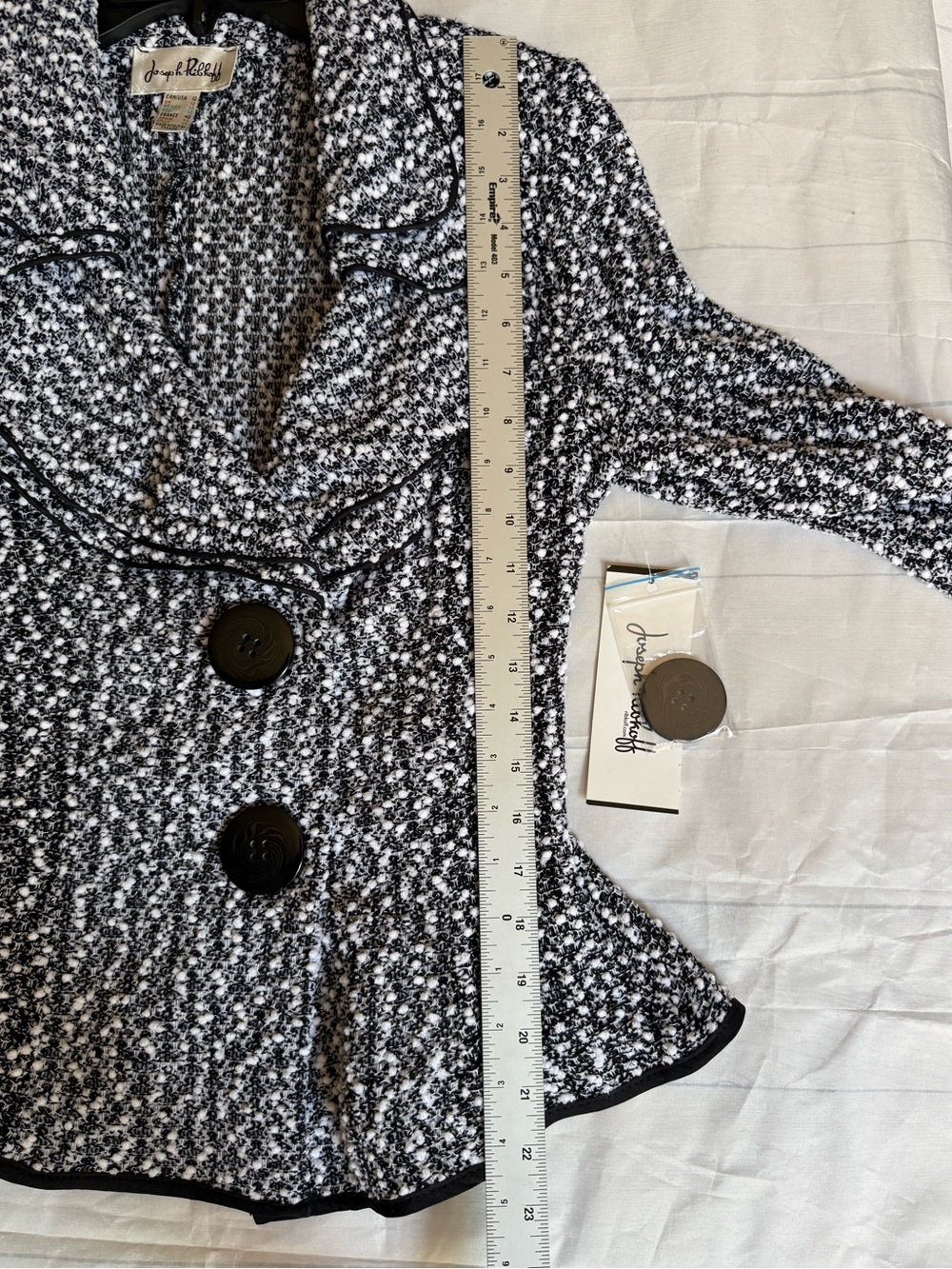 Joseph Ribkoff Black and White Textured Knit Blazer tweed ruffled collar jacket - Picture 14 of 16
